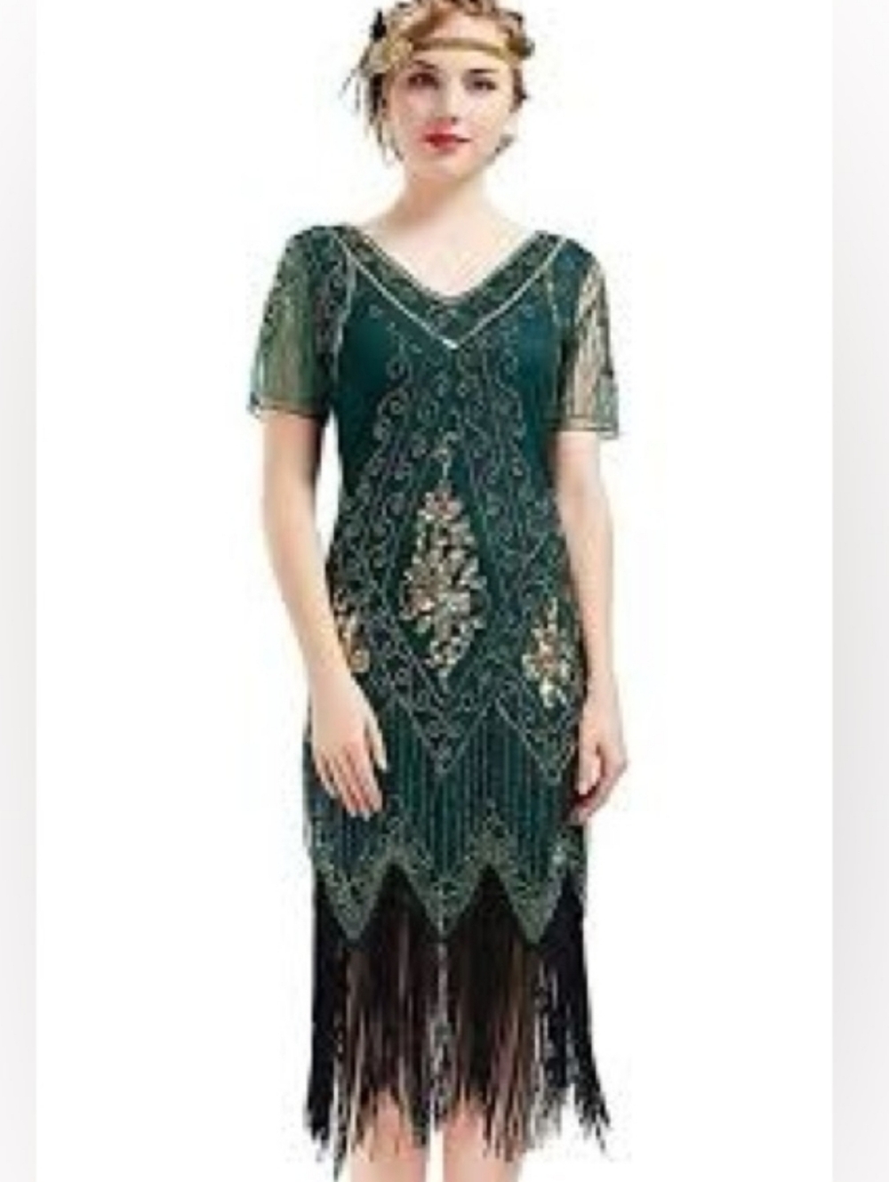 Great Gatsby Flapper Costume 1920s  Sequin Fringe Midi Dress New w/ Accessories